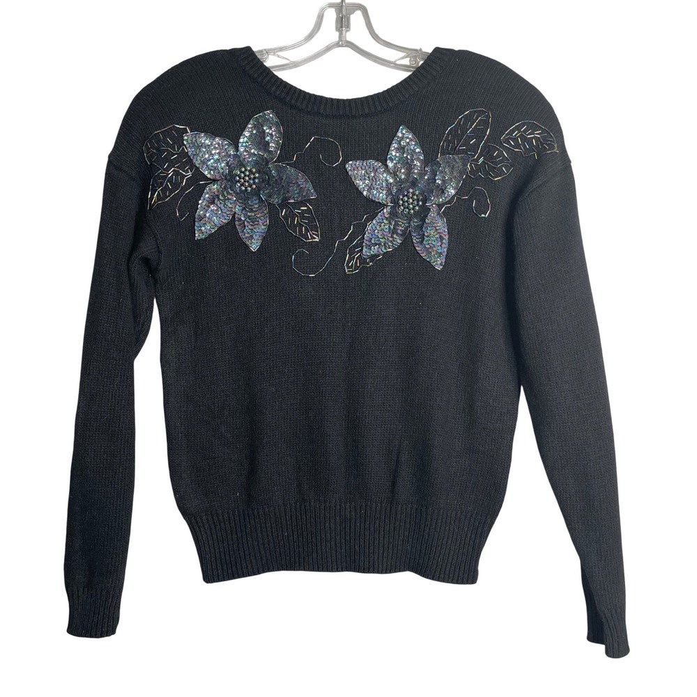 Vintage 80s Amanda Smith Sweater Women MP Black Silk Angora Rabbit Floral Sequin